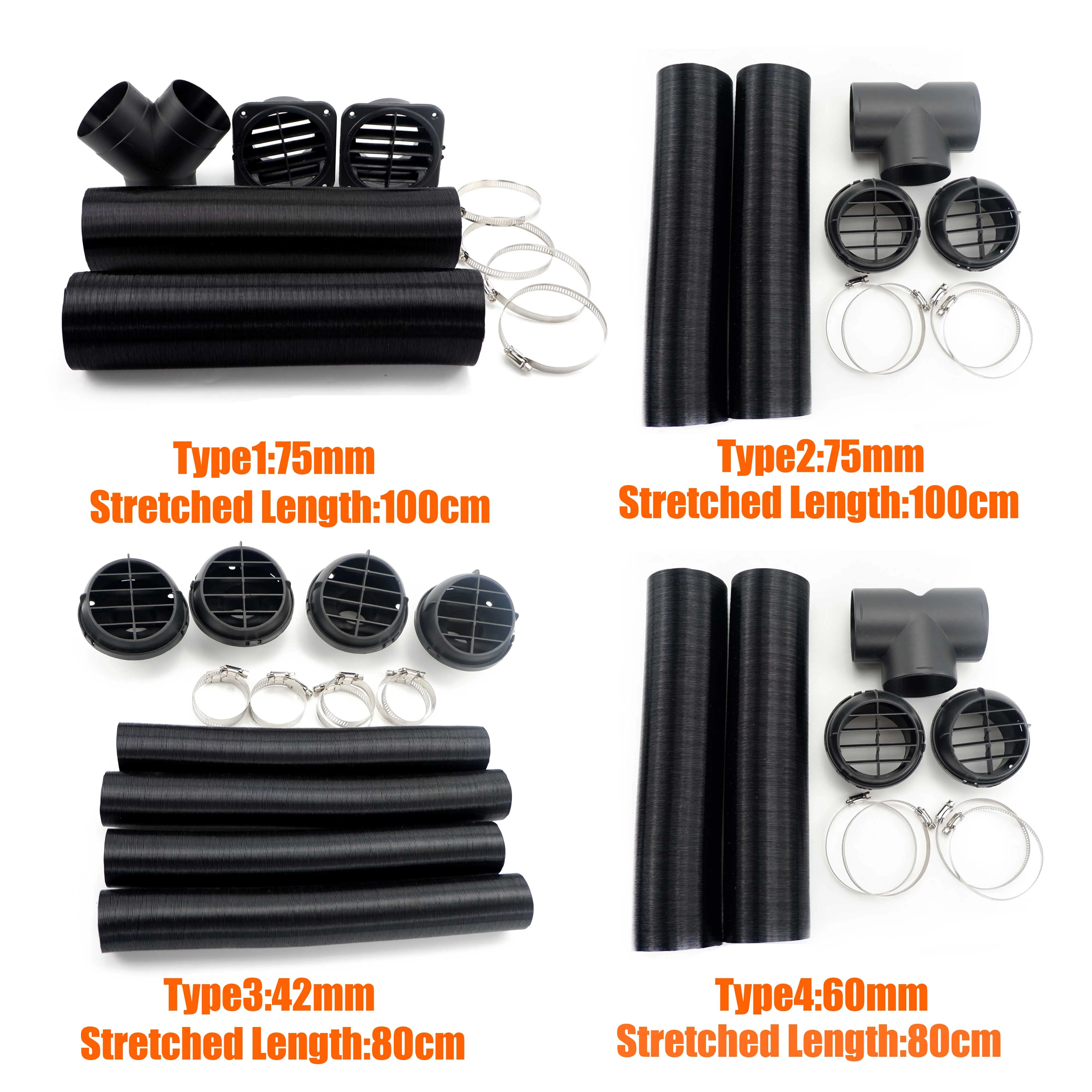 42/60/75mm Car Auto Heater T Y Pipe Duct Warm Air Outlet Black For Webasto Eberspacher Propex Parking Diesel Heater, air heater exhaust pipe, air heater duct pipe, air heater duct connector, air heater, diesel heater parts