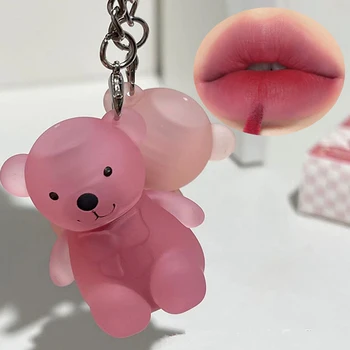 귀여운 곰 키체인 립 글로스 매트 누드 레드 립 머드 화장품, 방수 지속 논스틱 컵 액체 립스틱 메이크업 화장품