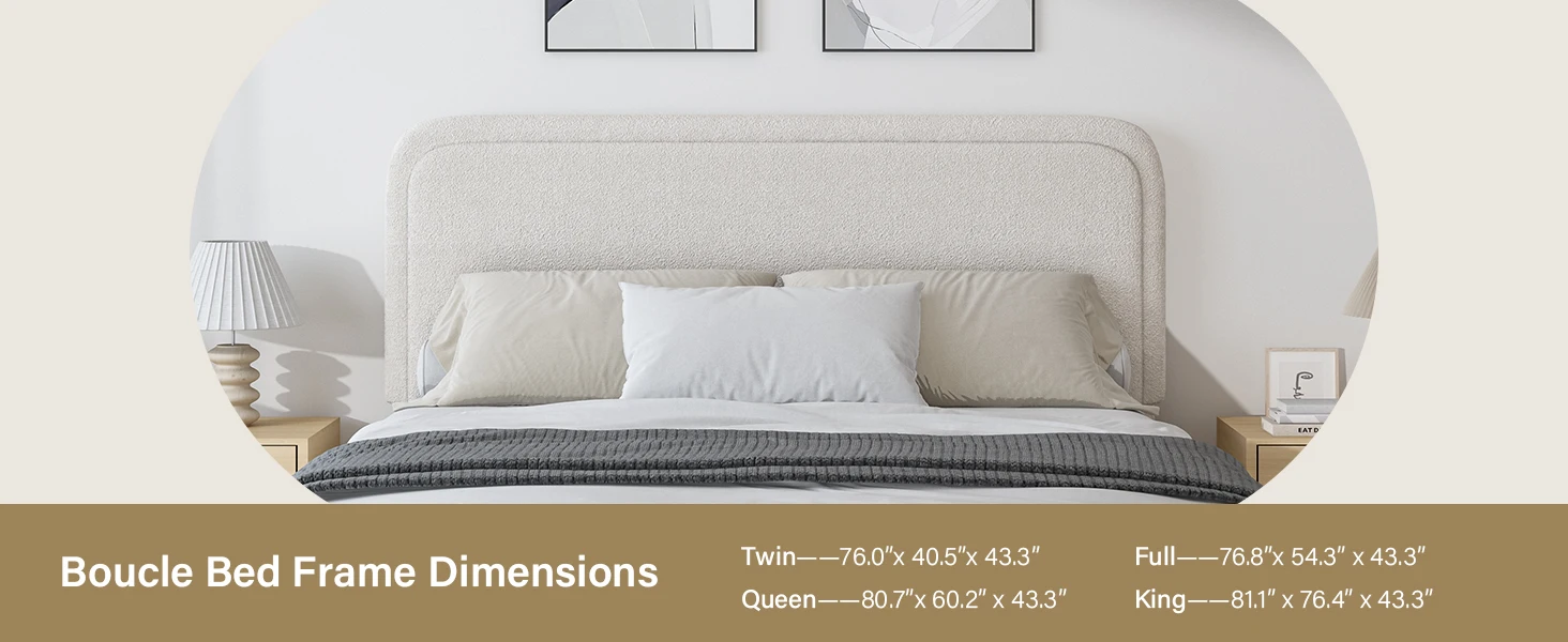 Description Picture 6 of itemQueen Size Boucle Frame Headboard,Upholstered Platform Bed with Wood Slats,Soft Rounded Corners,No Box Spring Required,
