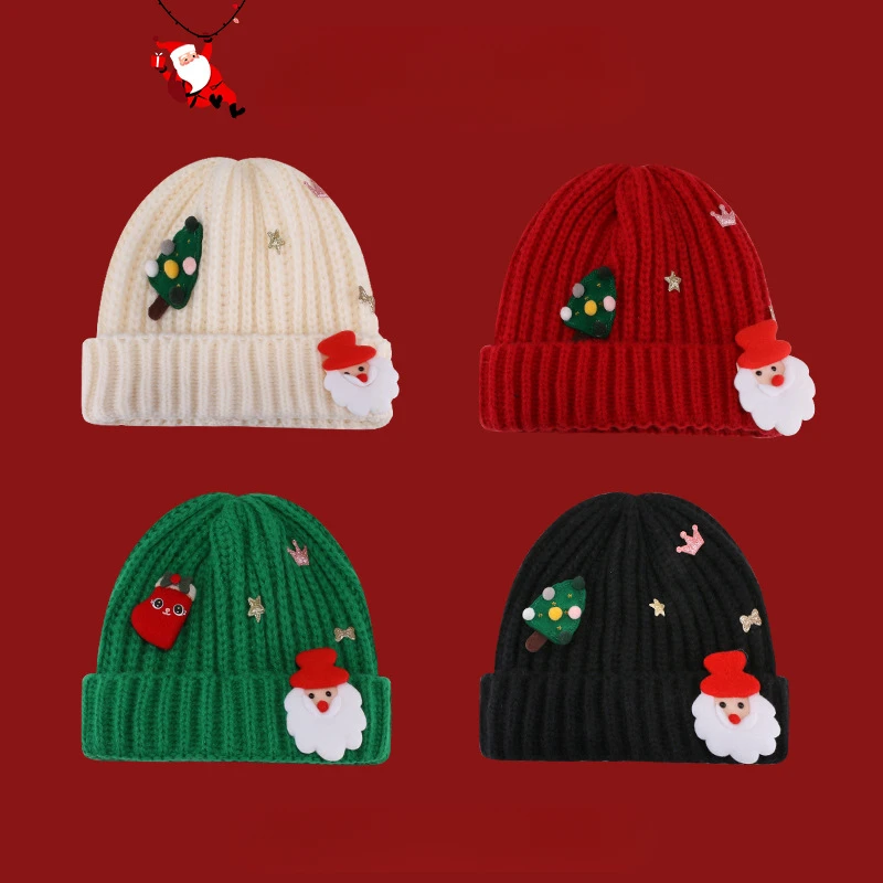 

Winter Cute Christmas Elastic Woolen Cold Hat Versatile Small Face Stripe Knitted Cap Santa Ear Protection Beanie Hat Girls Boys