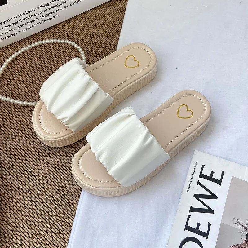 

Шлепанцы женские плиссированные на платформе, пляжные сандалии на плоской подошве, Модные Повседневные тапочки, Уличная обувь