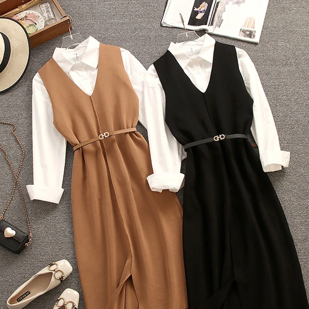 

Women Solid Dresses Two-Piece Sets Spring Autumn White Blouse V-Neck Knitted Skirt Suit Elegent Slim Sweater Dress With Belt