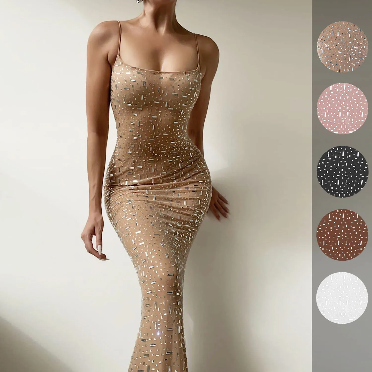 

Woman Sleeveless Midi Mesh dress full rhinestone Backless Bodycon Casual See Through dress S-XL 5Color