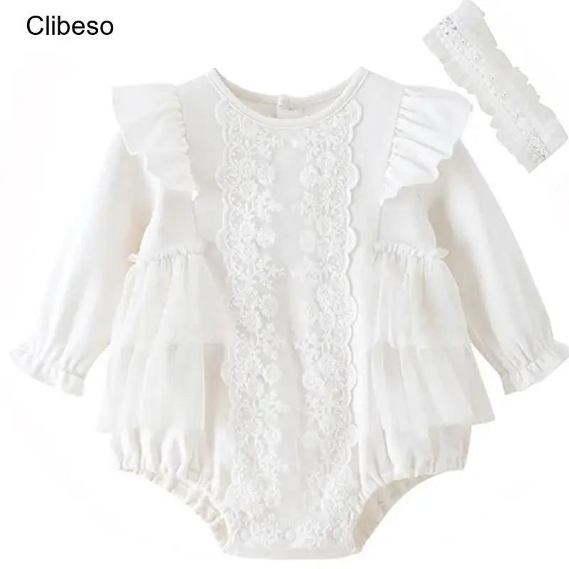 

2024 Clibeso Summer Baby Girls Rompers Solid Cotton Infant Romper Ruffles Long Sleeve Newborn Infant Playsuit Jumpsuits Headband