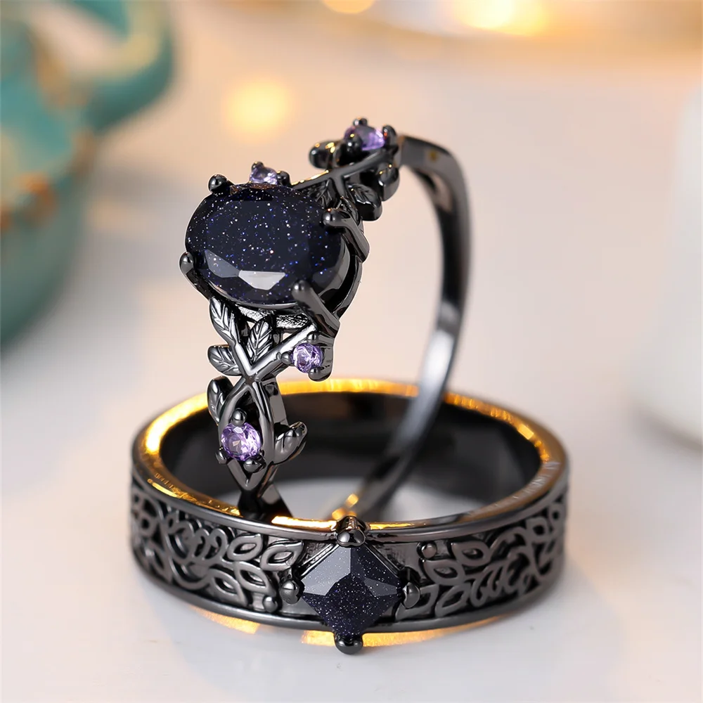 Purple Zircon Royal Blue Crystal Oval Stone Ring Sets For Women Black Metal Engagement Bands Wedding Jewelry Set Versatile Gifts