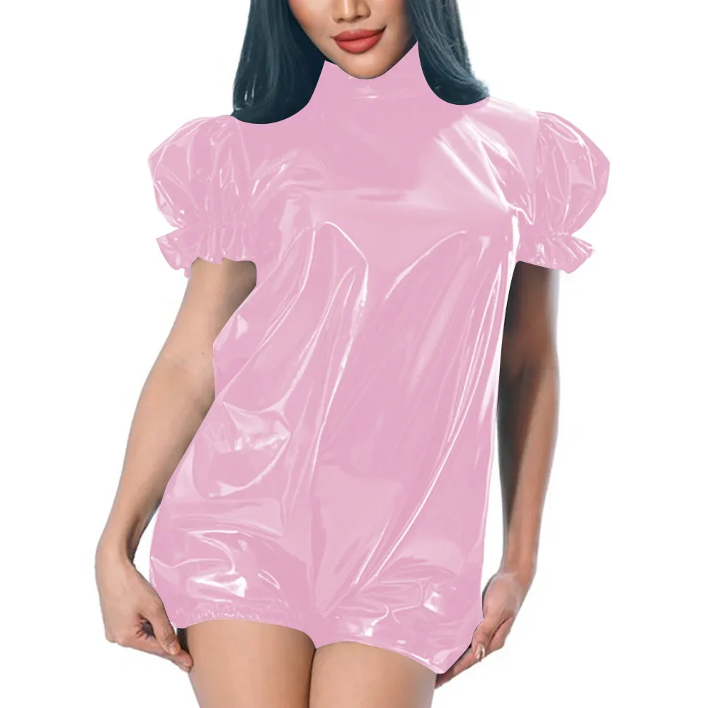 Plus Size Short Sleeve Latex Look Slim Fit Short Jumpsuits Women One Piece Club PVC Outfits High Neck Summer Rompers Streetwear