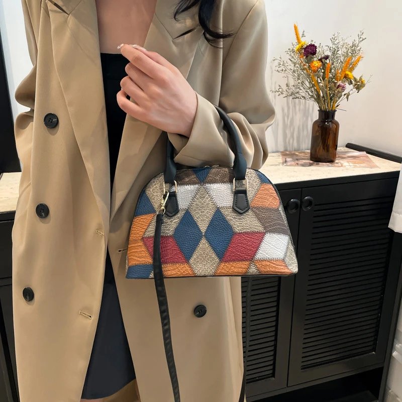 New Women Shell Crossbody Bag Contrast Color PU Leather Shoulder Bag Large Capacity for Shopping Small Handbags