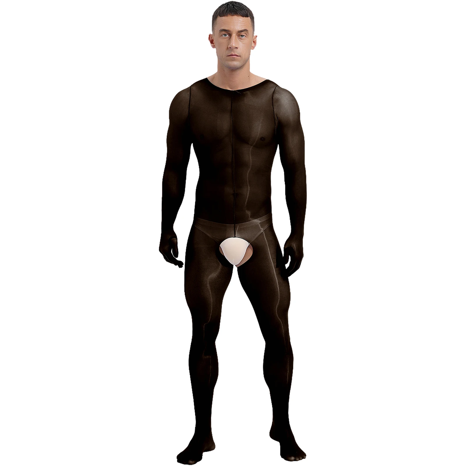 Mens Glossy See-through Full-body Bodysuit Underwear Long Sleeve Full Finger Gloves Bodystockings Jumpsuit Unitard Nightwear