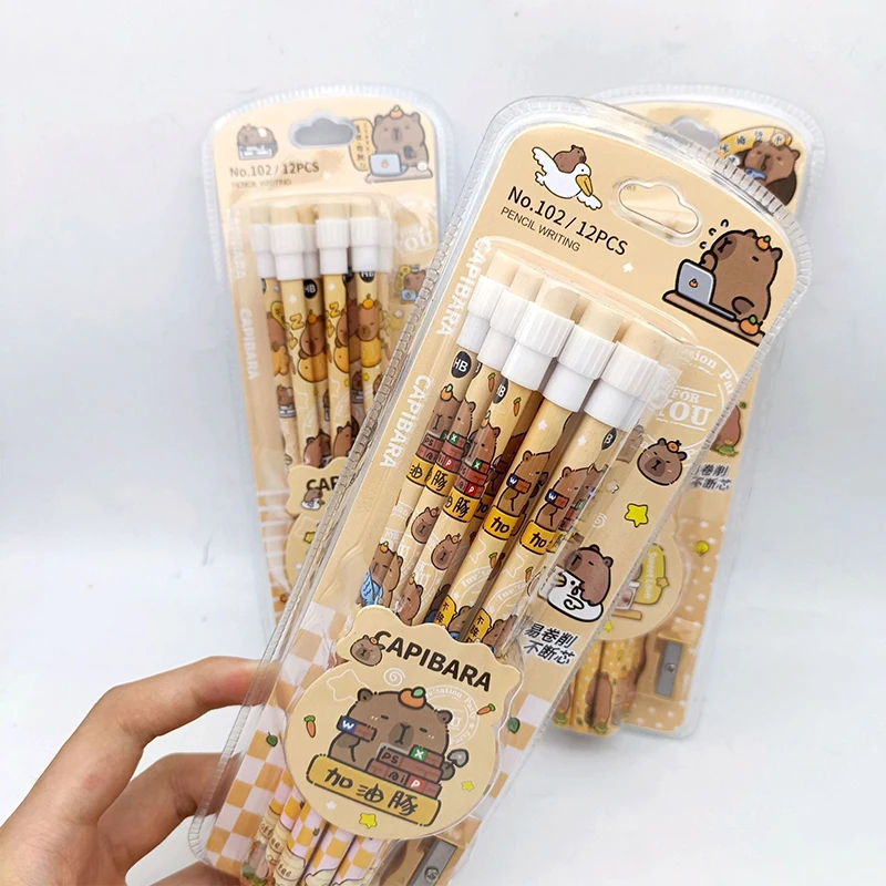 1pack Cartoon Capybara HB Pencils 12 Pencils 1 Pencil Roller Stationery Box Set Student Writing Drawing HB Pencils Sketch Pens Drawing Set Writing Stationery Drawing Pencils