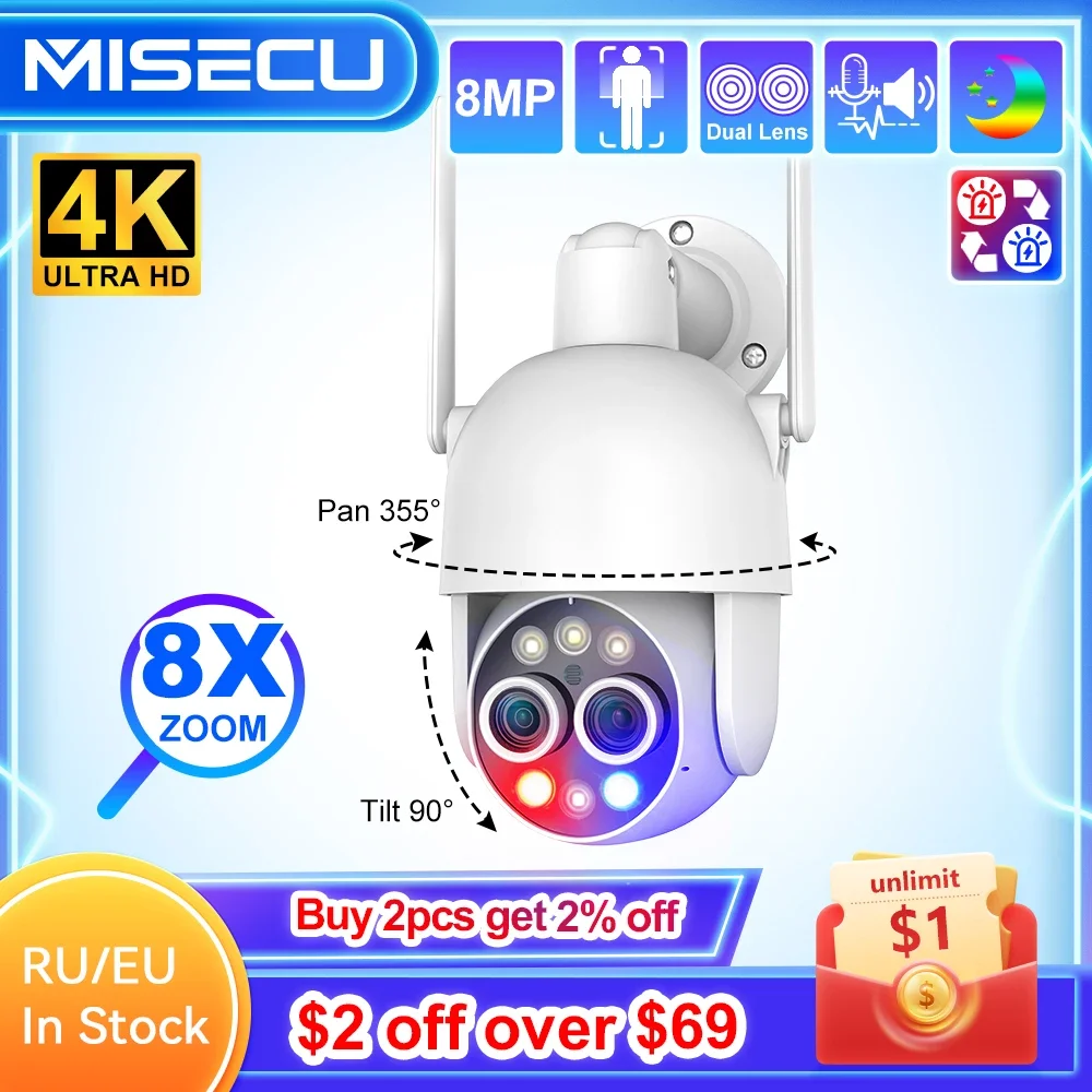 MISECU UHD 4K 8X PTZ 하이브리드 줌 2.8mm 12mm 듀얼 렌즈 무선 IP 카메라, 사람 감지 자동 추적 와이파이 카메라, 컬러 나이트, 8MP