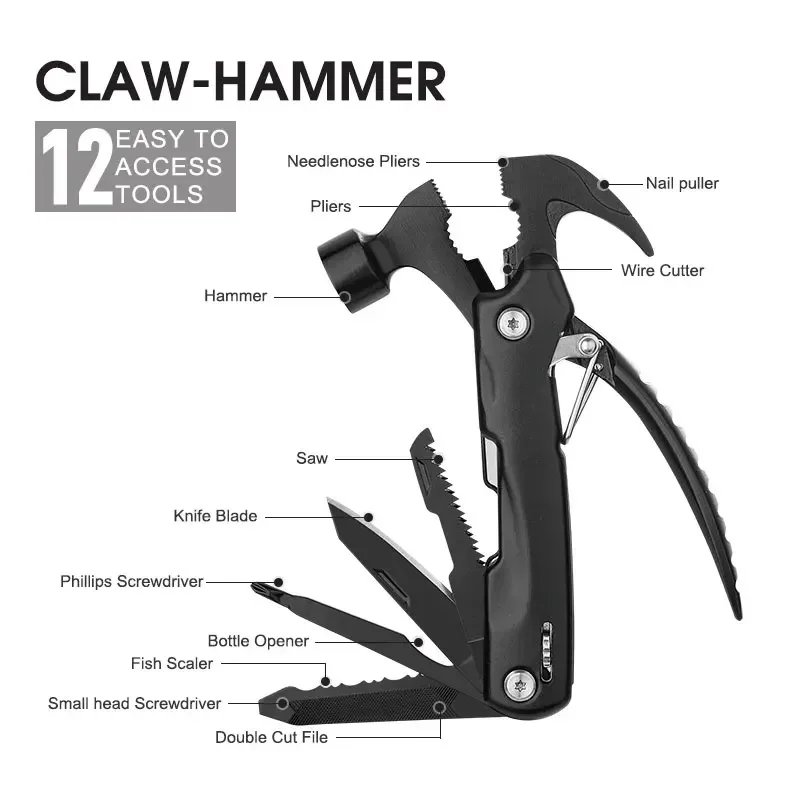 12-in-1 Multi-function Hammer，Ideal Gift for Fathers，Husbands，Boyfriends，outdoor,，Stainless Steel EDC，camping，screwdriver 3