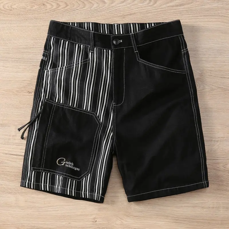 

2023 summer new thin stitching denim shorts youth slim stripes high-end embroidery handsome 5 points pants trend