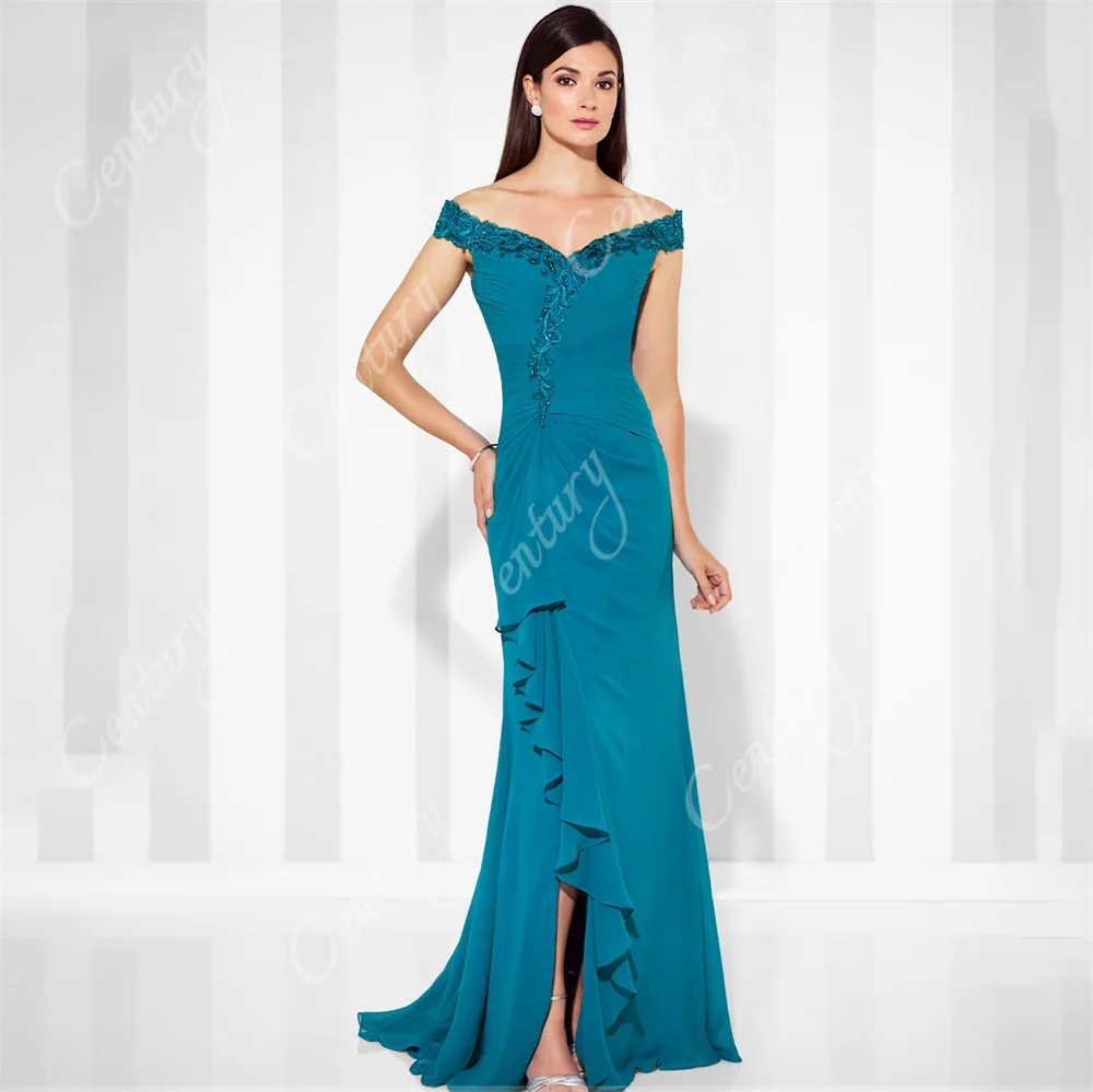 Off Shoulder Chiffon Mother of The Bride Dress Embroidery Ruffle Pleated Women\'s Evening Formal Gowns For Wedding Custom Made