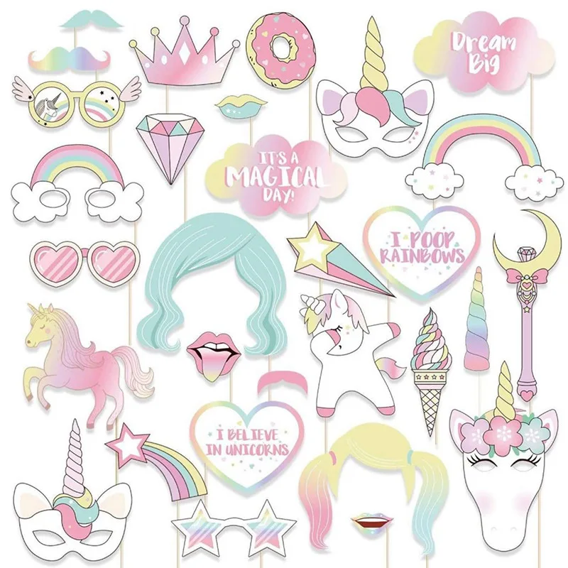 Party Photo Props Halloween Decoration Props 29pcs Unicorn Photo Booth Props For Girls Kids Unicorn themed birthday party Decorations