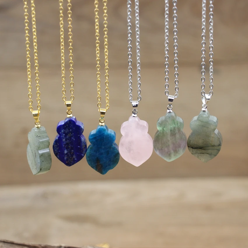 

Reiki Healing Crystal Gourd Pendant Necklace,Natural Stone Quartz Fluorite Flat Slab Bottle Chains Women Boho Jewelry,QC3306