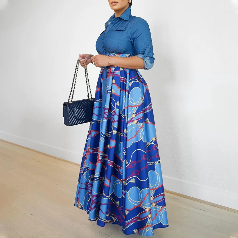 

Women Button Front Turn-down Collar Denim Patchwork Paisley Maxi Long Dress 2023 Vintage Female Big Swing Dresses