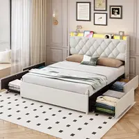 Queen Size Bed Frame with 4 Drawers & Storage Headboard, Upholstered Platform Bed with LED Lights & Charging Station, Beige 6