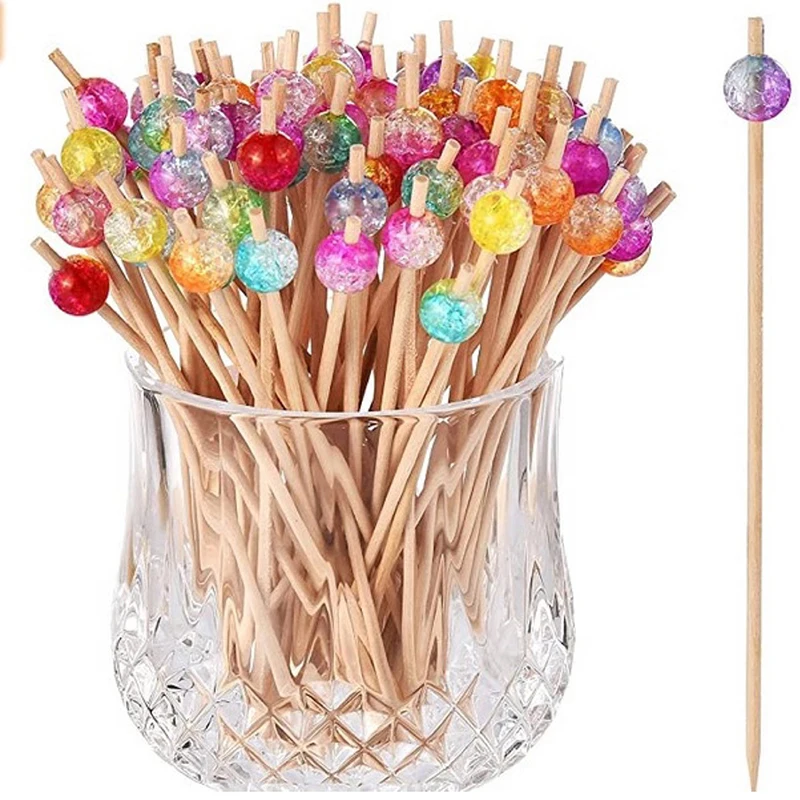 

100Pcs Two-colour Cracked Fruit Salad Stick Cute Fruit Fork Fruit Plate Disposable Bamboo Stick