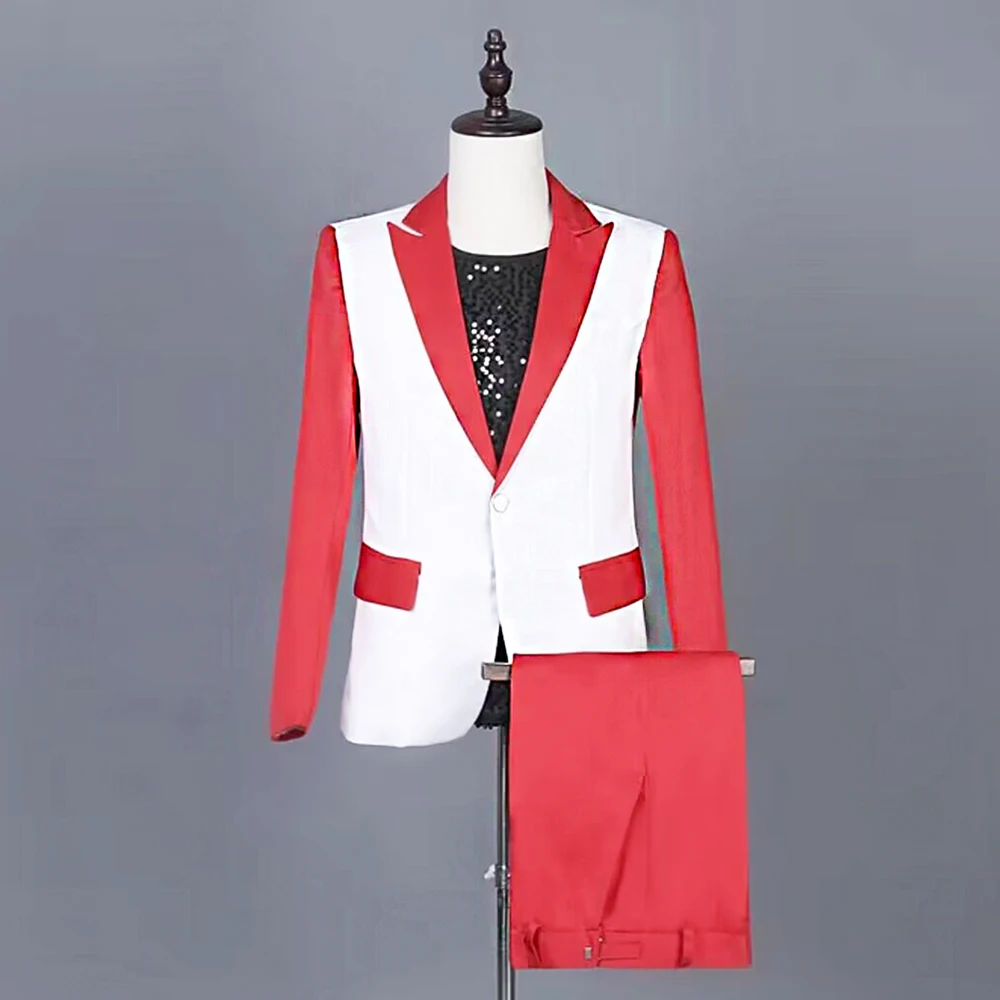 

2023 New Men Suit Business Fashion Red and White Splice Custom 2-Piece Wedding Formal Ball Concert Slim Jacket Pants Homme Set