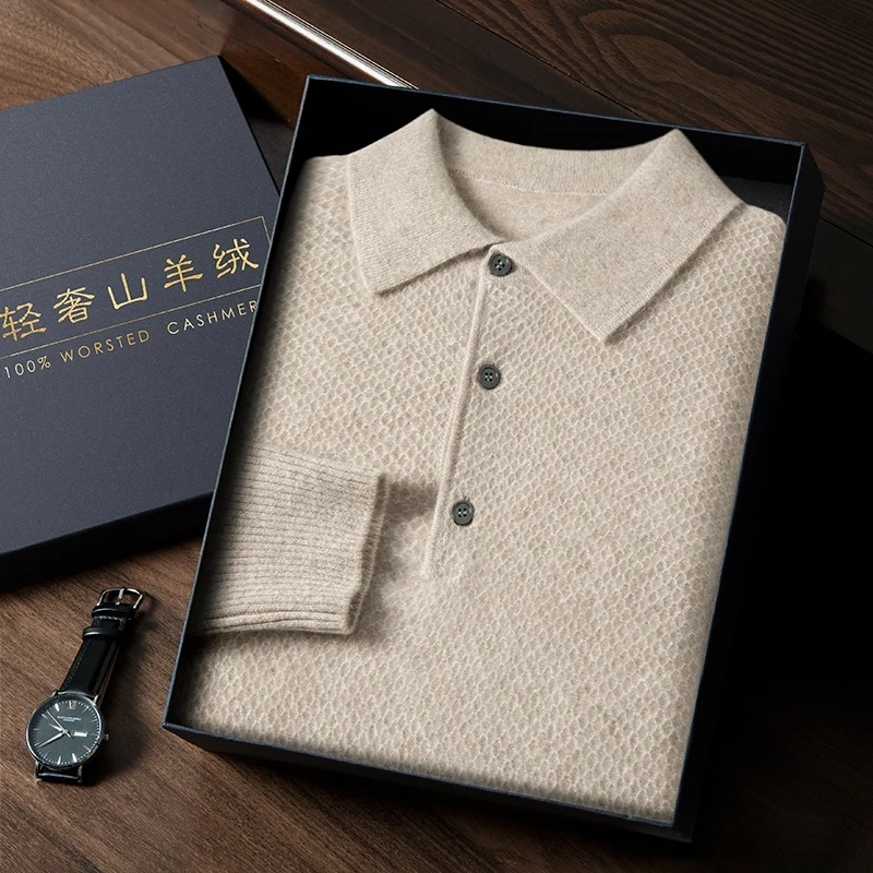 MVLYFLRT 100% Pure Cashmere Men's POLO Collar Sweater Honeycomb Knit Pullover 2023 Autumn and Winter Casual Men's Shirt Jacket 2