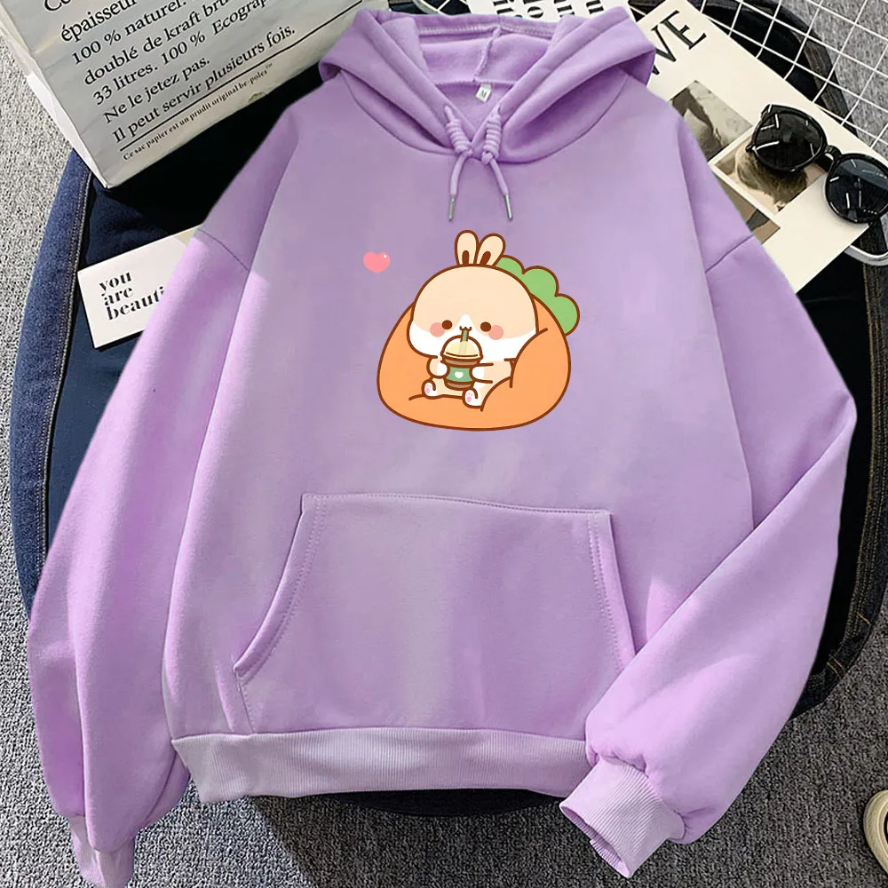 Rabbit Drinking Milk Tea Printed Hoodies Sudaderas Women/Men Clothes Moletom Winter Cartoon Graphic Print Sweatshirt with Pocket