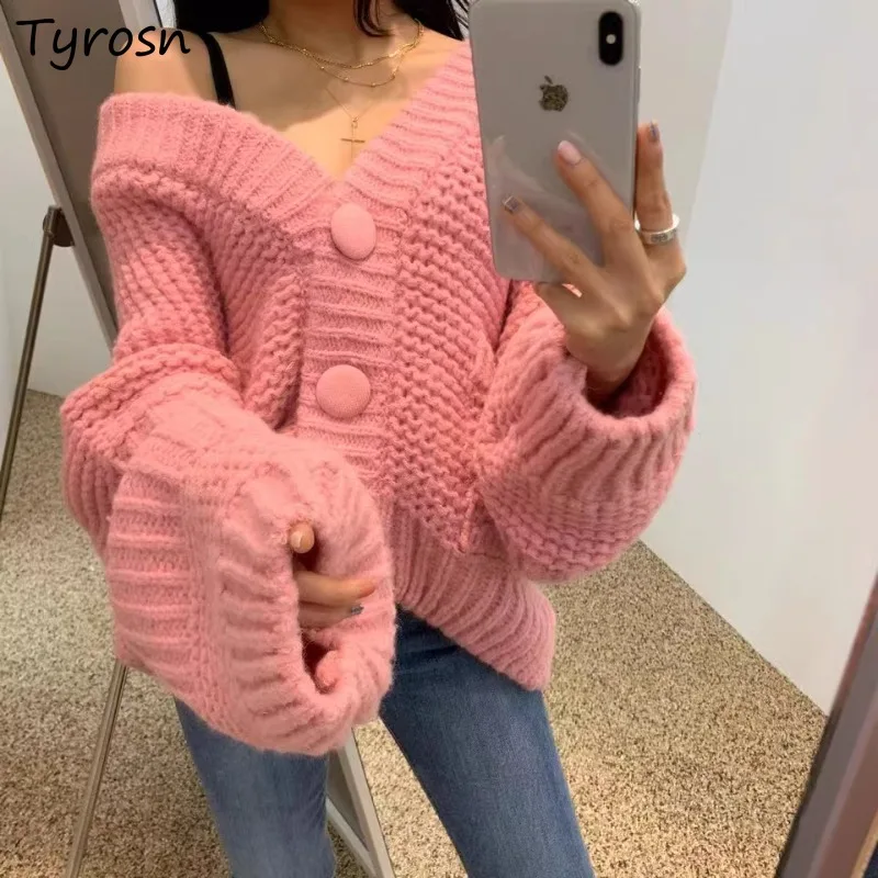 

Sweet Cardigans Women Solid Autumn Girls Long Sleeve V-neck Loose Knitted Sweaters Button-up Tops Pockets Gentle Baggy Casual