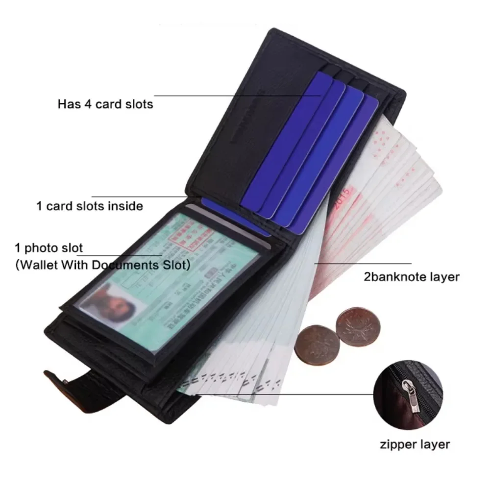 Genuine Leather Men's Wallet Short Money Clip Soft Leather Purse for Man Buckle Multi Card Position Zippe Wallet Men