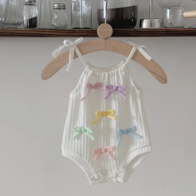 New Baby Girl Clothes Sweet Cute 3D Colorful Bow Tie White Strap bodysuit Infants Baby Suspenders Romper Fashion Summer Jumpsuit 1