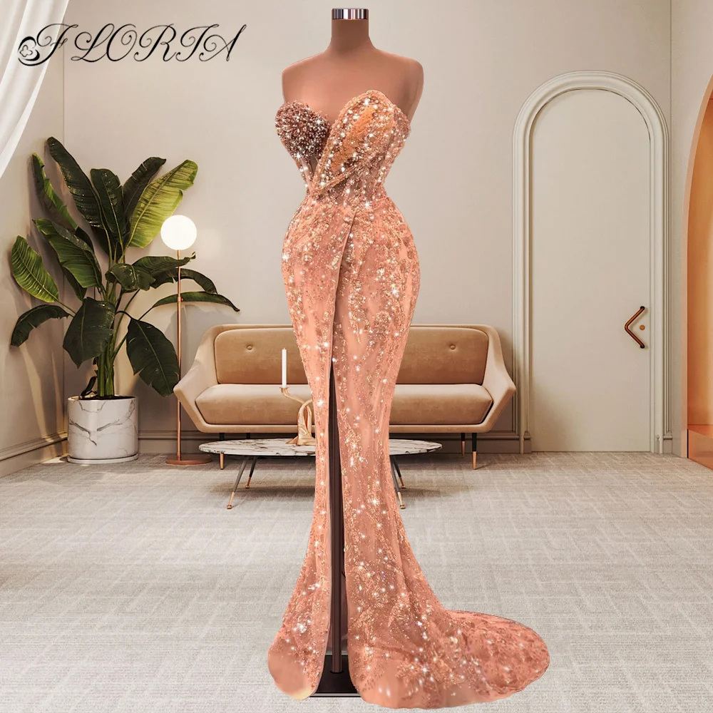 

Женское вечернее платье-русалка, розовое платье цвета шампанского с разрезом, блестками и открытой спиной, для торжественных случаев