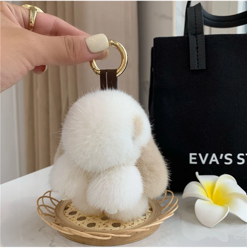 Cute Long Ear Bunny Keychain Real Mink Fur Rabbit Doll Pendant Toys Keyring Handbag Charm Ornament Pompom Plush Jewelry Gifts