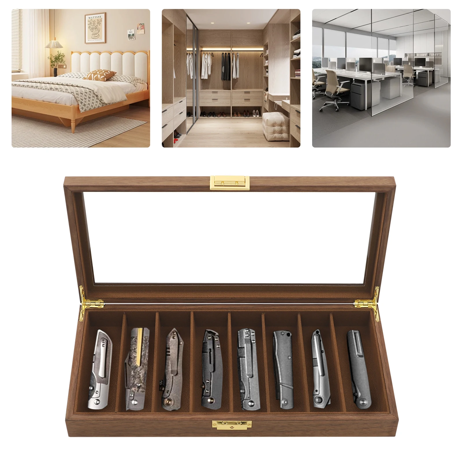 Knife Display Case Knife Storage Box Knife Display Case Organizer Collection Box Glass Metal Flannelette Walnut Color/Black