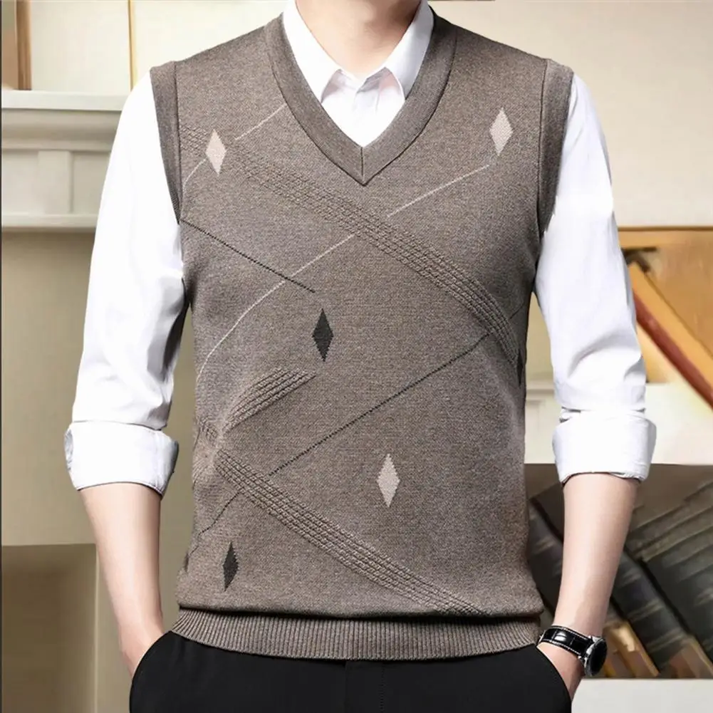 

Men Fall Winter Vest Geometric Print V Neck Sleeveless Loose Knitted Thick Warm Soft Mid Length Applique Pullover Men Spring Swe