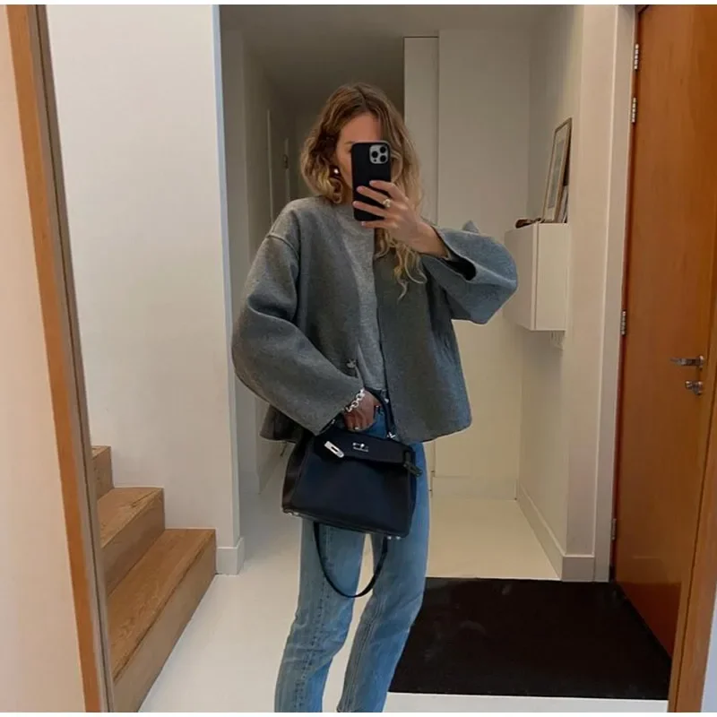 Vintage One Button Woolen Coat Women Gray Loose Long Sleeve V-neck Short Jacket Female Autumn Winter Casual Lady New in Outwears