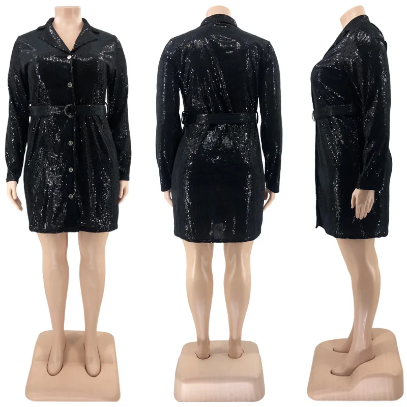 Plus Size Women Sequin Party Dress Long Sleeve Belt Elegant Dress 2022 Fall Casual Female Designer Skirt Fashion Luxury Outwear