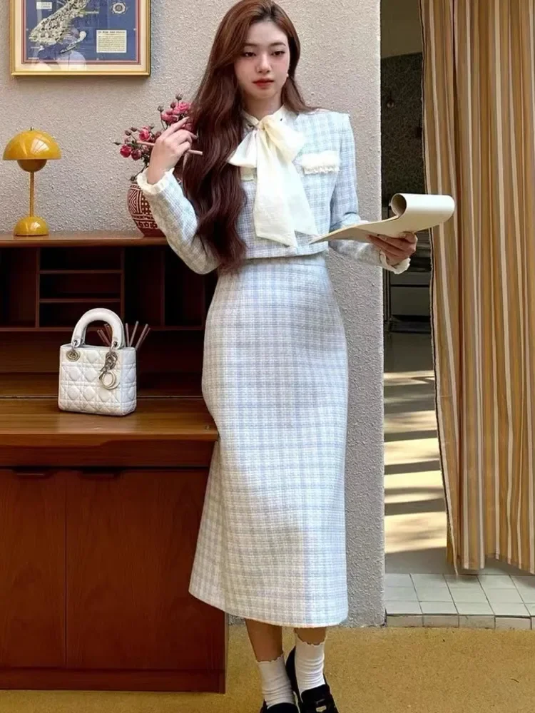 

2022 autumn winter Two Piece Sets womens outifits tweed Coat Crop Top + skirt Suits conjuntos feminino elegante ensemble femme