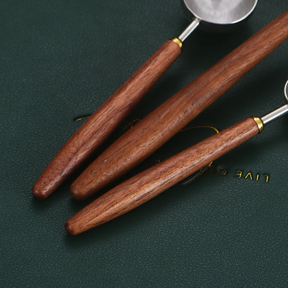304 Stainless Steel Coffee Bean Measuring Spoons Long Handle 3/8/23ML Coffee Scoop Walnut Handle Powder Measuring Spoon