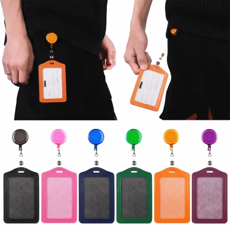 

1pc PU Leather Cards Cover with Retractable Badge Reels ID Name Credit Card Holder Key Keychain Holders Students Offices Supply