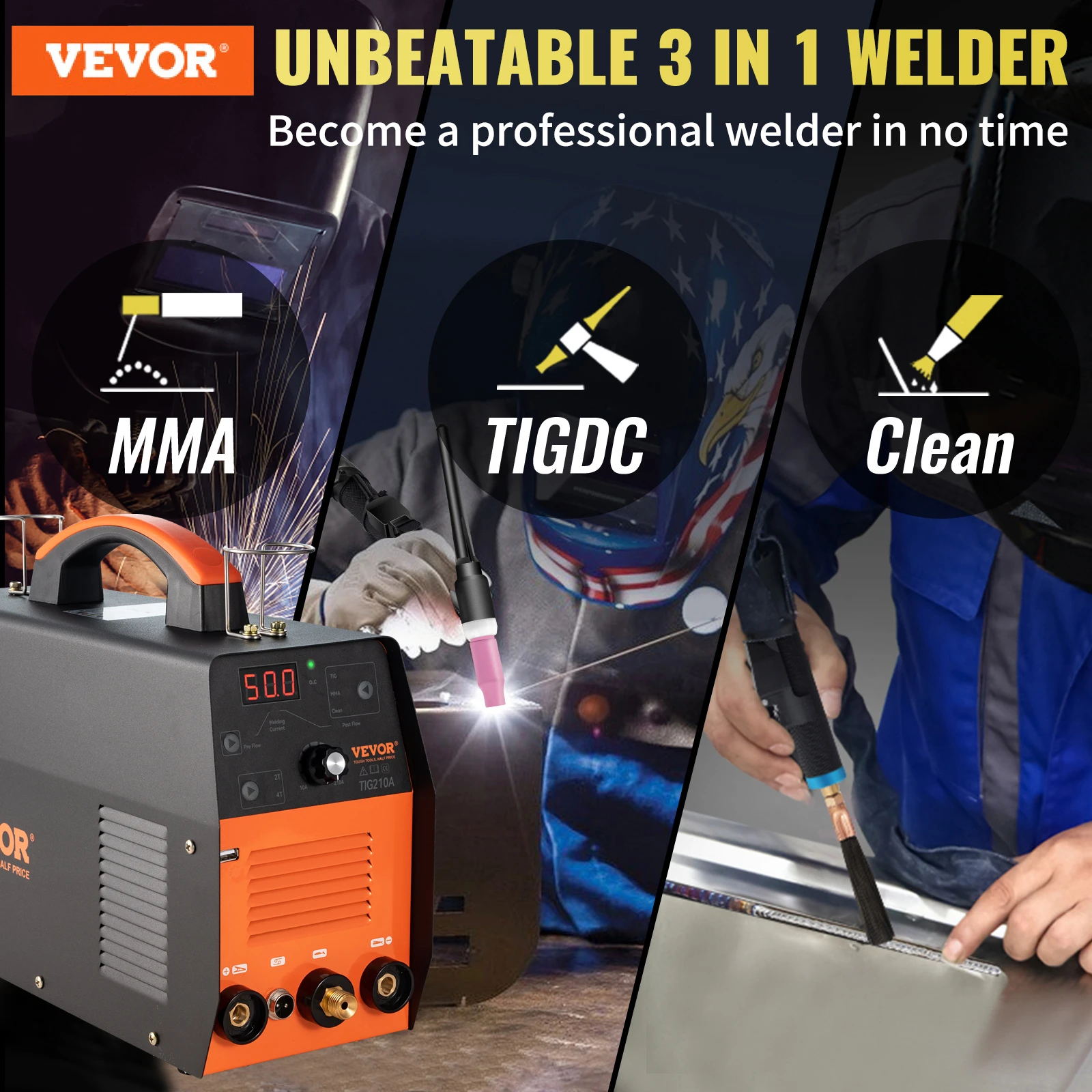 VEVOR 210A 3 in 1 TIG Welder AC 110/220V 3 in 1 Multifunctional HF TIG ARC Clean Welding Machine with USB Port/Pulse & Torch 2