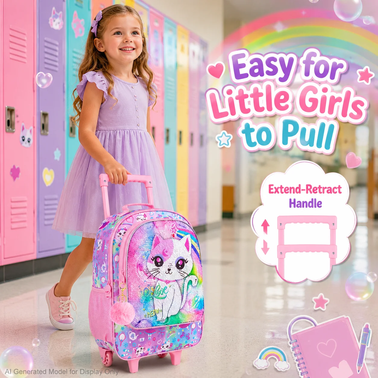 4PCS Kids Rolling Backpack for Girls, Cute Cat Sequin Wheeled Bookbag, Pink Roller School Bag with Wheels for Elementary