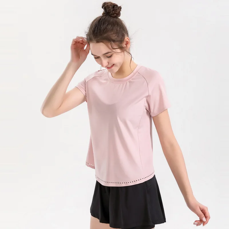 

Solid color elastic quick-drying leisure hole burning short sleeve running fitness ladies Lulu yoga T-shirt short sleeve