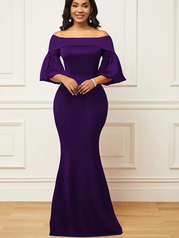 

2024 Summer Dresses for Women Fashion Solid Off Shoulder Ruffle Sleeve Evening Dress Vestidos De Mujer Elegant Maxi Robe