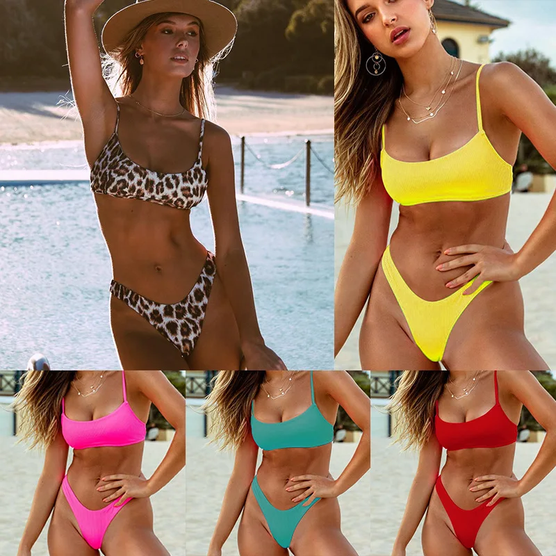 

Ribbed Neon Pink Bikini Set Thong Bikinis Swimsuit Women High Waisted Bathing Suit Women Leopard Bra Plus Size Swimwear String