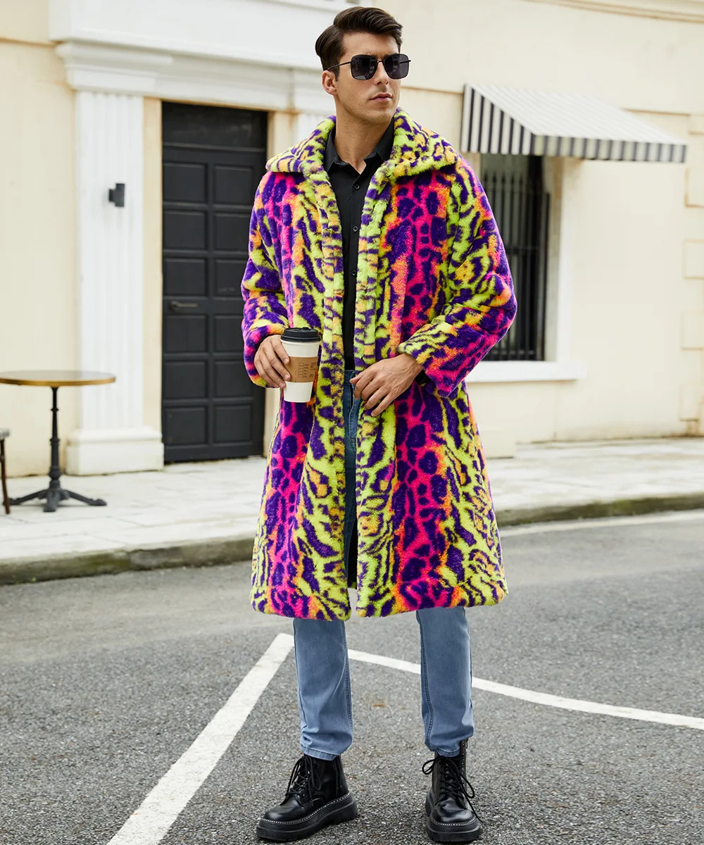 Contrasting Leopard Print Imitation Fur Plush Coat Warm Autumn and Winter Coat Jacket for Men
