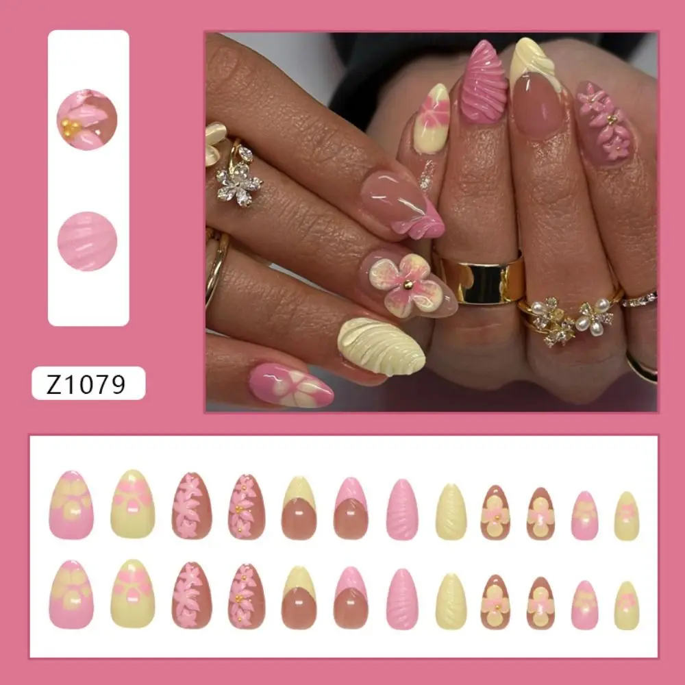 24pcs Manicure Long Almond False Nails Flowers Aurora French Fake Nials Detachable Cat Eye Stars Press on Nails Women