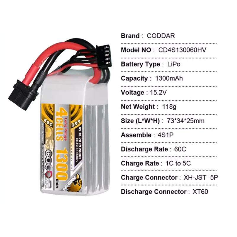 

CODDAR 1300MAH 4S 15,2 V HV 60C, легкая модель летательного аппарата дальнего действия, литиевая батарея высокого напряжения