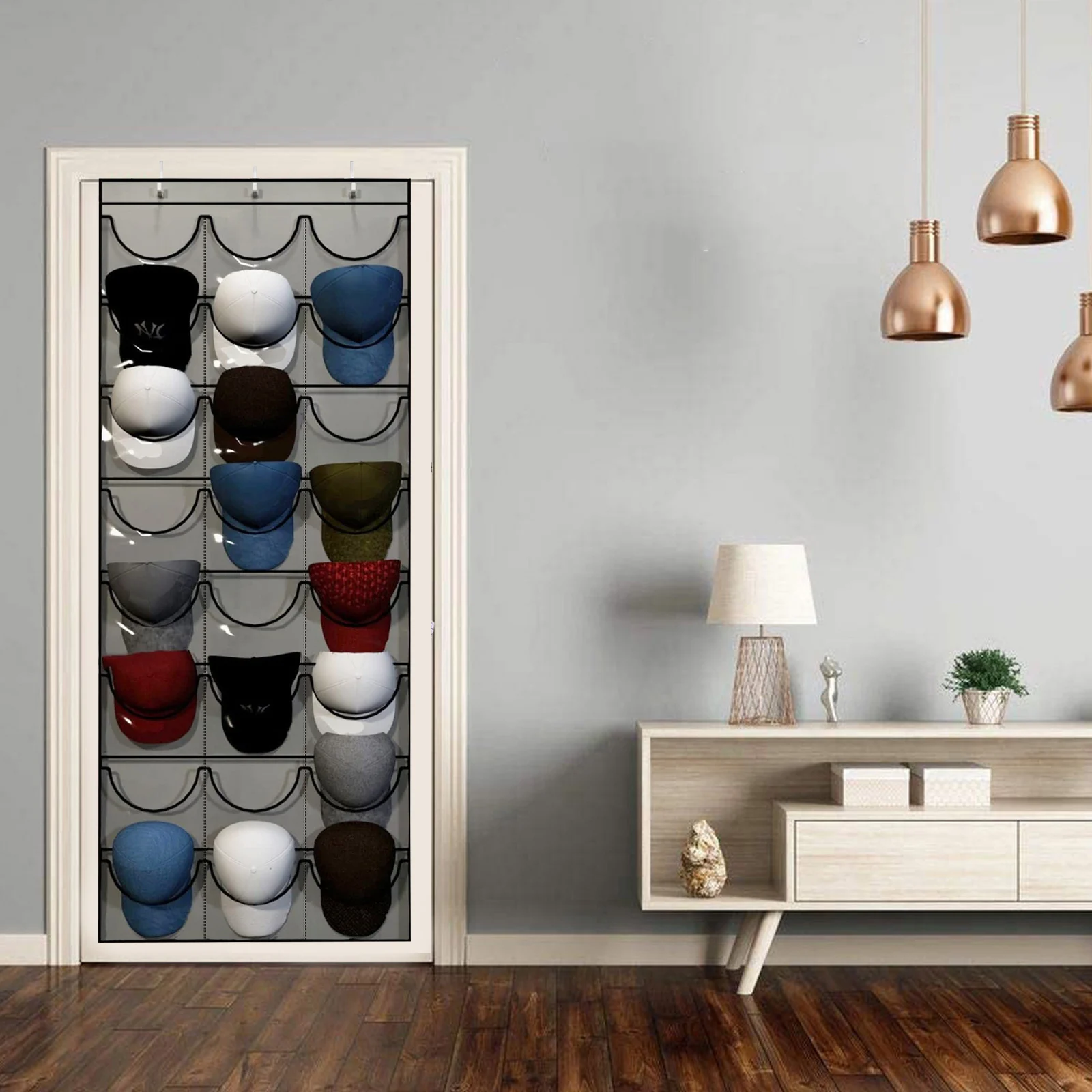 Hat Organizer Racks for Baseball Caps Visible Hat Holder with 3 Hooks Wall Hanging Hat Organizer 24 Deep Pockets for Wall Door