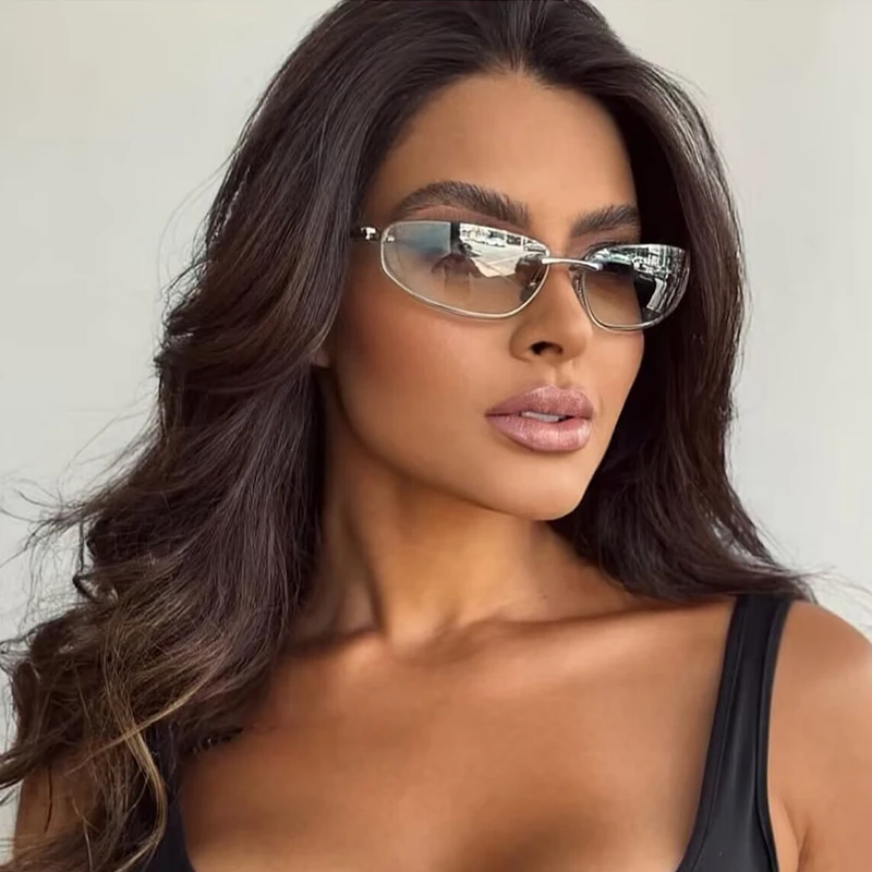 البيضاوي فرملس Y2K النظارات الشمسية الفاخرة العلامة التجارية تصميم الراقية التصميم فاسق النظارات الشمسية في الهواء الطلق الرجعية شخصية النظارات الشمسية النساء