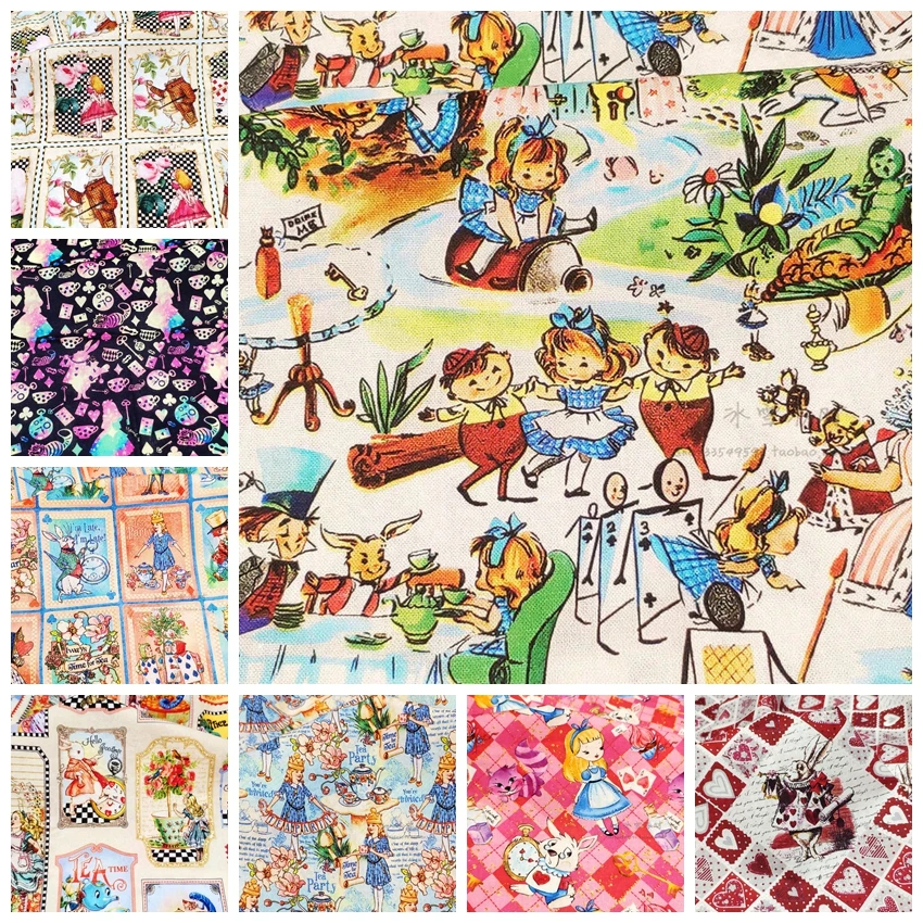 A16 Alice Collection-BTY 1 Yard Cotton Woven Fabric-Retro Cartoon Characters, Mr Rabbit Poker Cat Queen of hearts girl