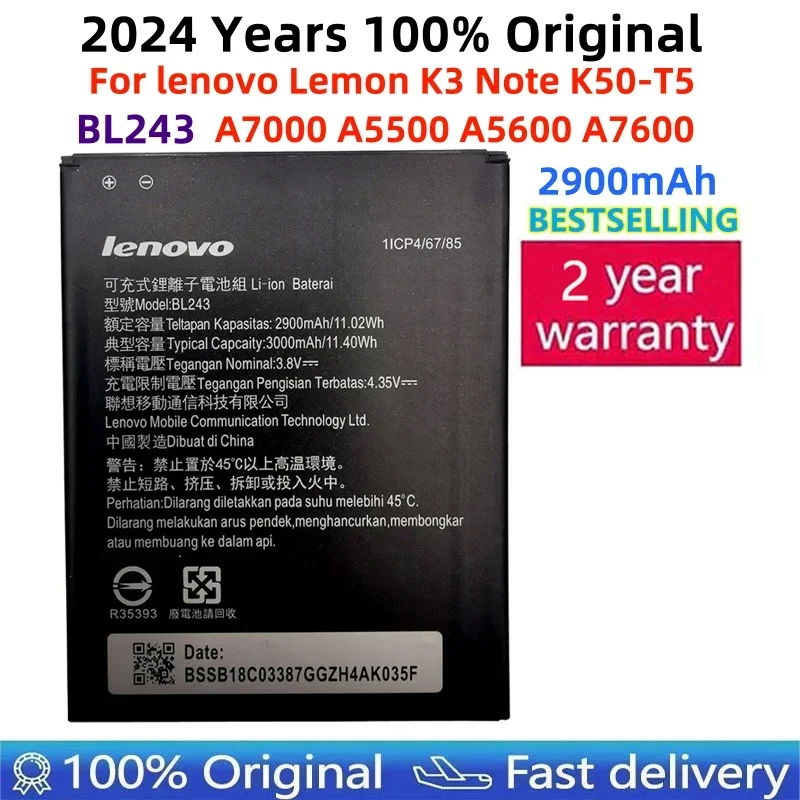 

100% Original Backup 2900mAh BL243 Mobile Phone Battery For Lenovo K3 Note K50-T5 A7000 A5500 A5600 A7600 Battery