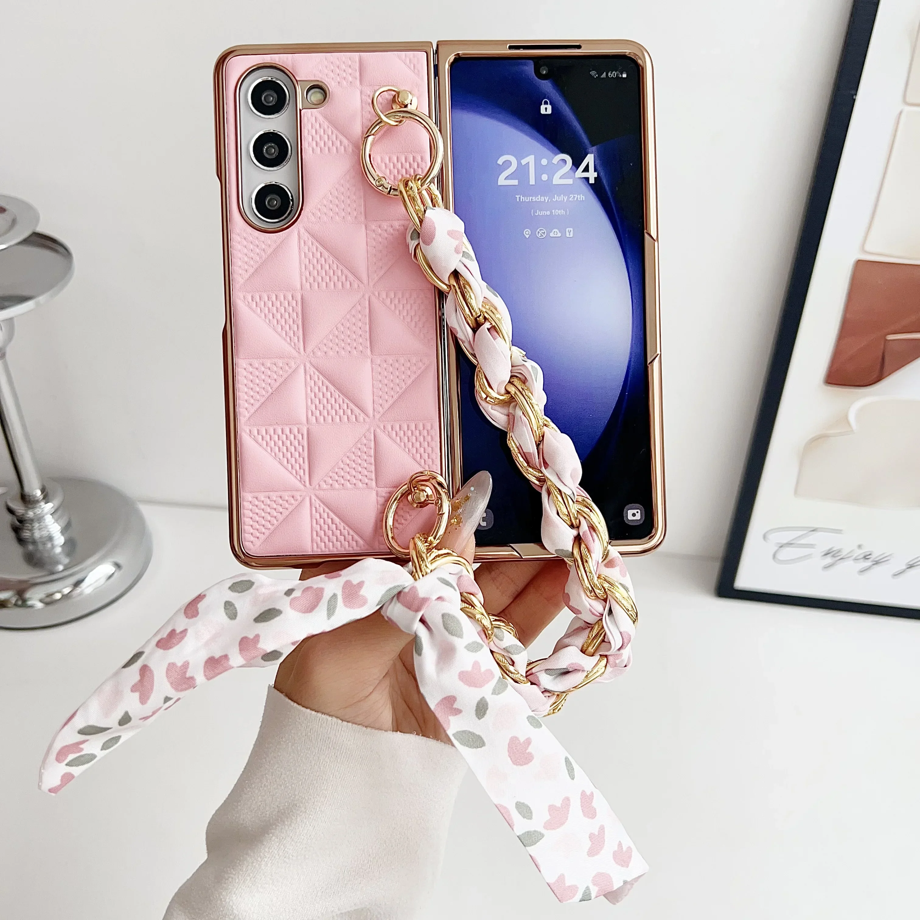 Coque de téléphone en cuir à treillis galvanisé de luxe pour Samsung Galaxy Z Flod 6 5 4 3 5G, étui de protection antichoc à la mode_voghion.com